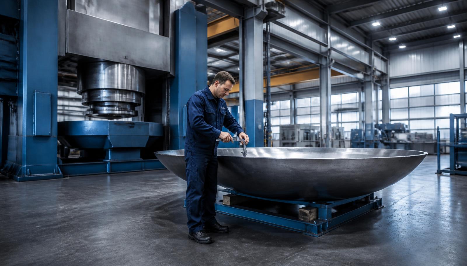Planta de fabricación STAMPH con prensa industrial y control dimensional de un fondo de acero